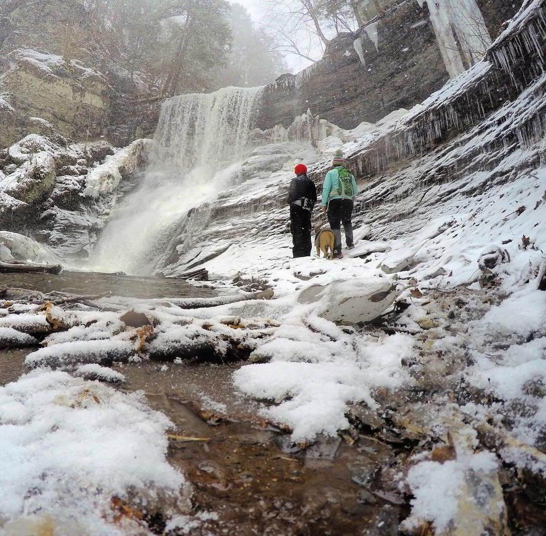 winter hike with waterfall